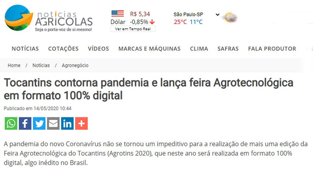 Notícias Agrícolas foi outra revista digital que também deu destaque para a Agrotins 2020 100% – Foto: Reprodução web