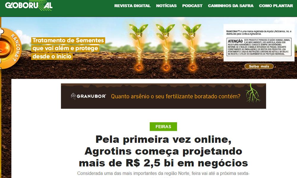 Agrotins 2020 100% também foi destaque na revista digital Globo Rural – Foto: Reprodução web 