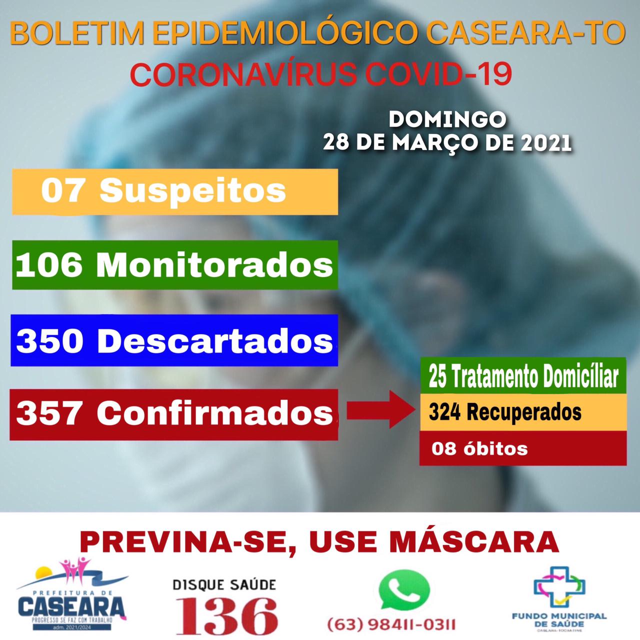 Boletim Epidemiológico divulgado pela Secretara Municipal de Caseara neste Domingo - Foto: Divulgação 