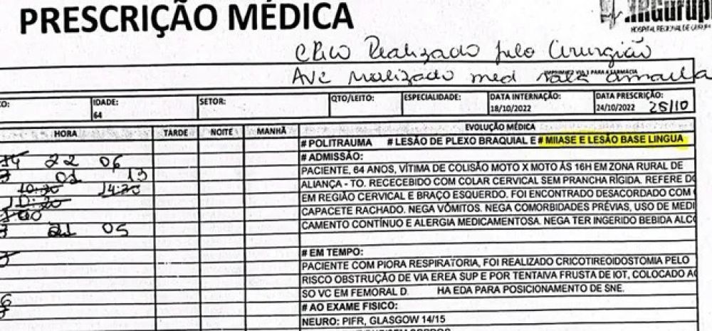 Recorte do prontuário médico do paciente — Foto: Reprodução