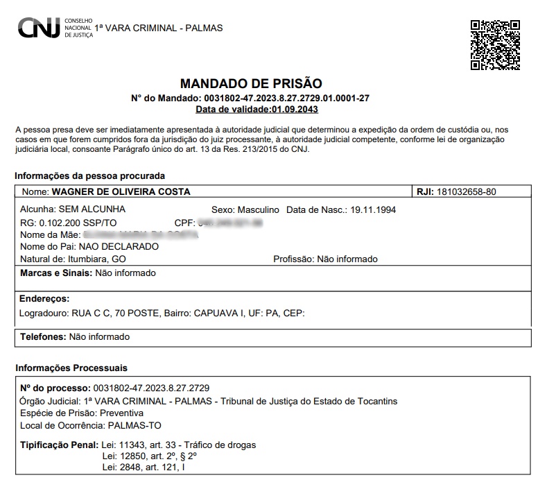 Ordem judicial contra o criminoso foi expedida pelo juiz Dr. Cledson José Dias Nunes da 1ª Vara Criminal de Palmas –– Foto: Reprodução / Agência Tocantins