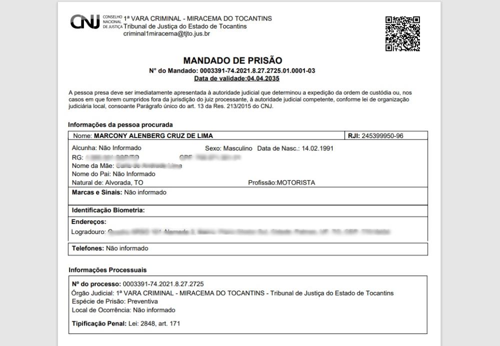 Mandado de prisão preventiva expedido pelo juízo da Vara Criminal da Comarca de Miracema do Tocantins – Foto: Reprodução / BNMP