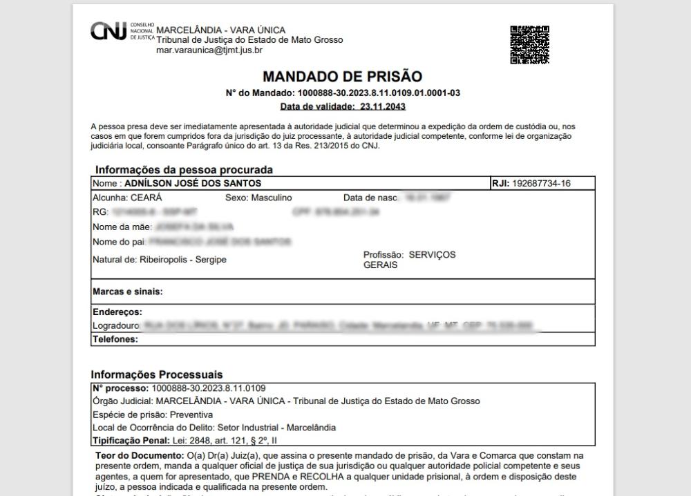 Mandado de Prisão Preventiva expedido pelo juízo da Vara Única da Comarca de Marcelândia – MT – Foto: Reprodução / Agência Tocantins