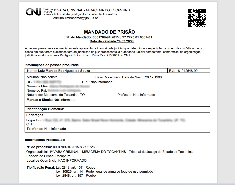 Mandado de prisão preventiva expedido pelo juízo da Vara Criminal da Comarca de Miracema do Tocantins – Foto: Reprodução / Agência Tocantins