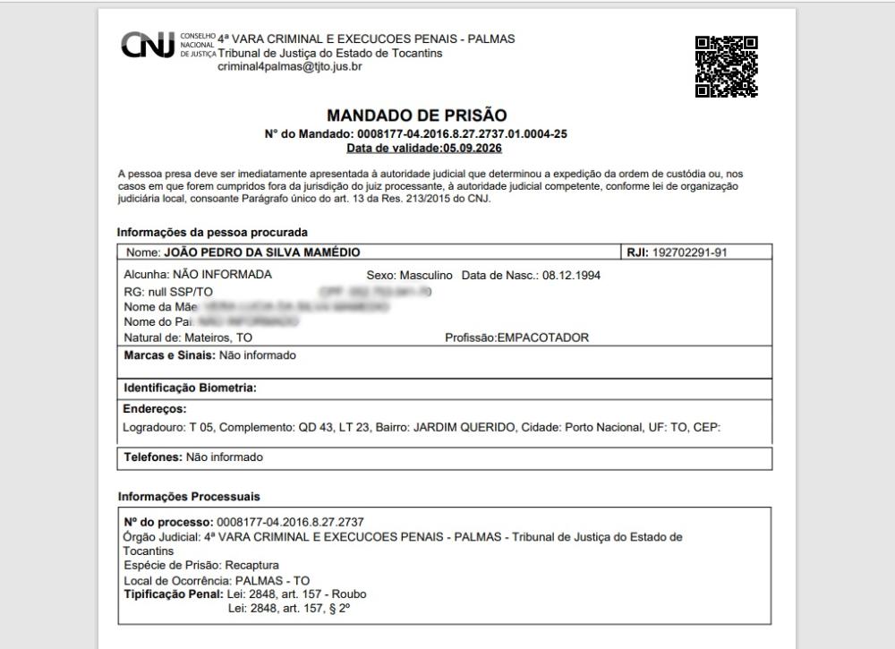 Mandado de prisão expedido pelo juizo da 4ª Vara Criminal e Execuções Penais de Palmas com sentensa condenatória de mais de 17 anos de prisão pelo crime de roubo – Foto: Reprodução / Agência Tocantins