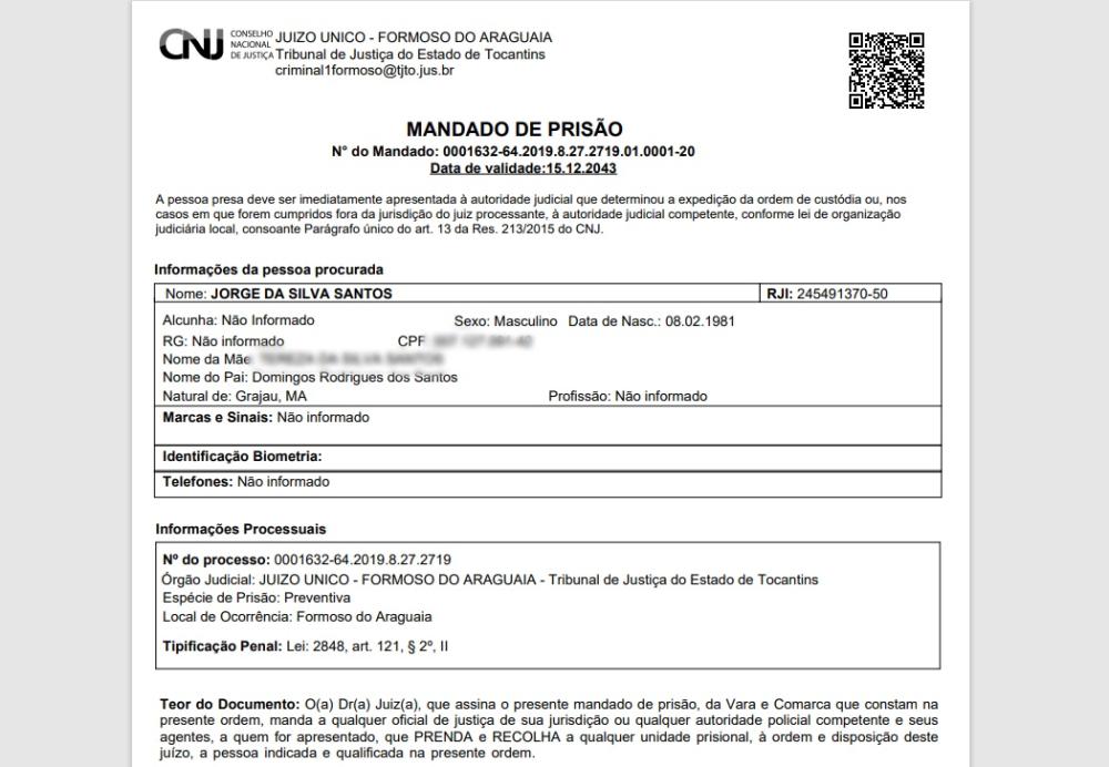 Mandado de prisão preventiva expedido pelo Juízo da Vara Única da Comarca de Formoso do Araguaia – Foto: Reprodução / Agência Tocantins