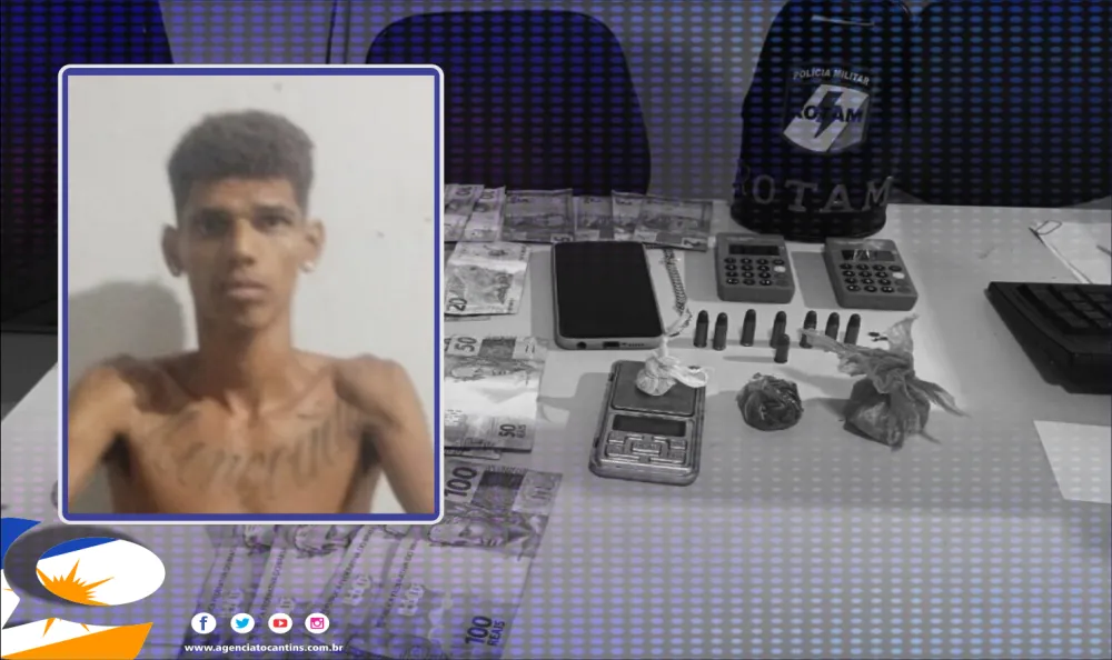 Drogas, dinheiro e demais objetos ilícitos que foram apreendidos pelos militares com o suspeito – Foto: Reprodução / Agência Tocantins