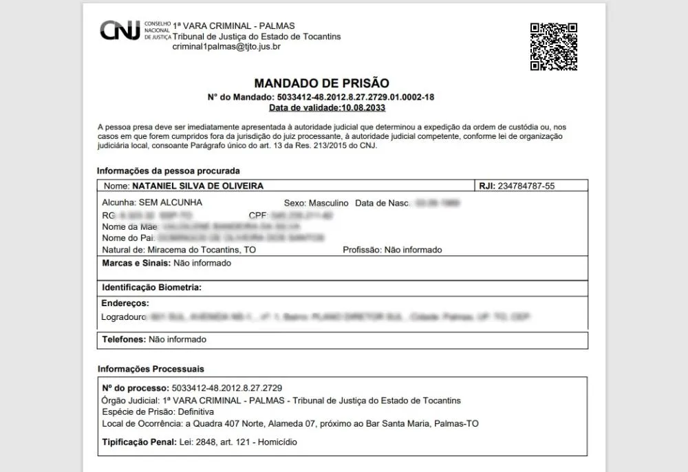 Mandado de prisão preventiva com sentença condenatória, expedido pelo Tribunal de Justiça do Tocantins – Foto: Reprodução / Agência Tocantins