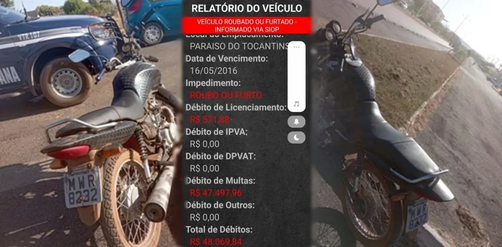 A motocicleta foi recuperada e possui mais de 200 infrações de trânsito que juntas somam o total de quase R$ 50 mil reais – Foto: Alessandro Ferreira / Agência Tocantins