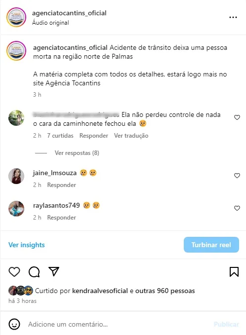 Nas redes sociais internautas afirmaram que uma caminhonete causou o acidente que resultou na morte da jovem – Foto: Reprodução / Agência Tocantins